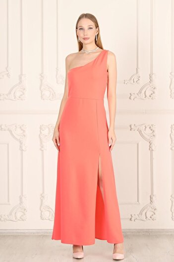 Seamoda One Shoulder Deep Slit Yavruağzı Evening Dress Women's Stylish Dress