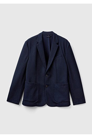 United Colors of Benetton Men's Indigo Viscose Blended Double Button Blazer Jacket with Piping Pocket Detail