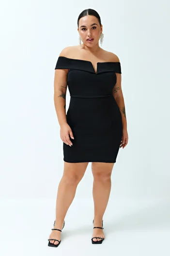 Trendyol Curve Black Double Layer Collar Detailed Knitted Dress TBBSS24AH00087