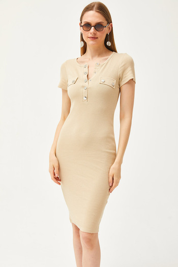 Olalook Women's Beige Metal Placket Accessory Pocket Lycra Mini Cotton Dress ELB-19002067