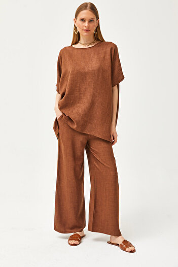 Olalook Women's Tan Top Loose Blouse with Bottom Pocket Palazzo Linen Content Set TKM-19000266