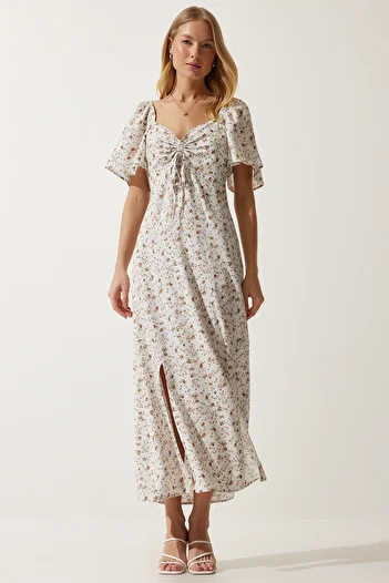 Happiness İstanbul Women's Ecru Slit Detailed Flounce Viscose Dress UB00247