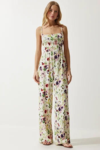 Happiness İstanbul Women's Ecru Green Window Detailed Patterned Knitted Jumpsuit UB00245
