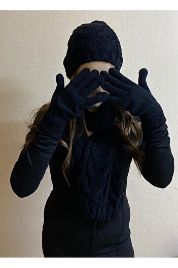 sema aksesuar Women's Knitted Beanie, Scarf and Gloves Set Set - Winter Set of 3 - New Year's Gift