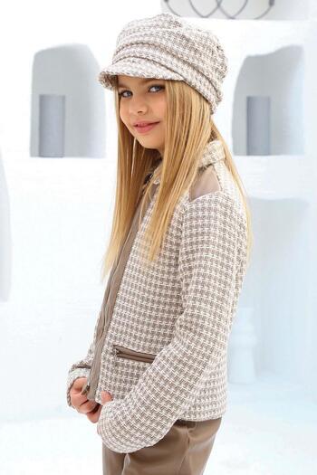 Riccotarz Girl's Chanel Fabric Jacket and Leather Pants Brown Bottom Top Set