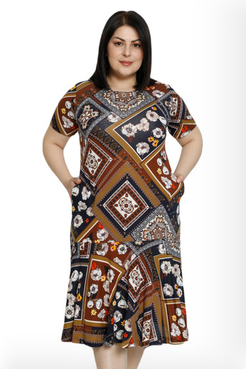 Lagertha by İntensive Women's Patterned Pocketed Short Sleeve 100% Viscose Plus Size Dress