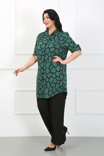 By Alba Collection Women's Khaki Patterned Cotton Viscose Large Size Tunic