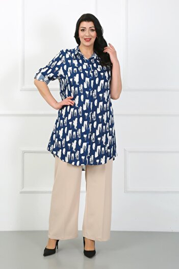 By Alba Collection Women's Indigo Patterned Cotton Viscose Large Size Tunic