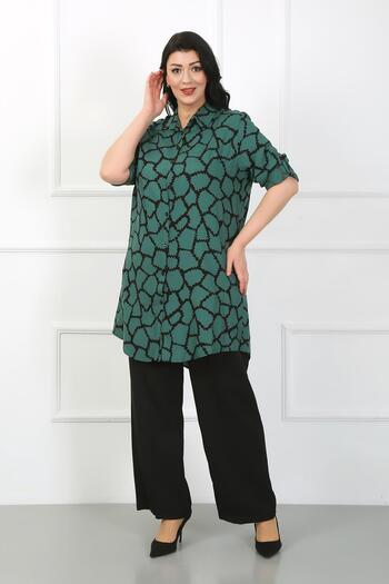 By Alba Collection Women's Khaki Patterned Cotton Viscose Large Size Tunic