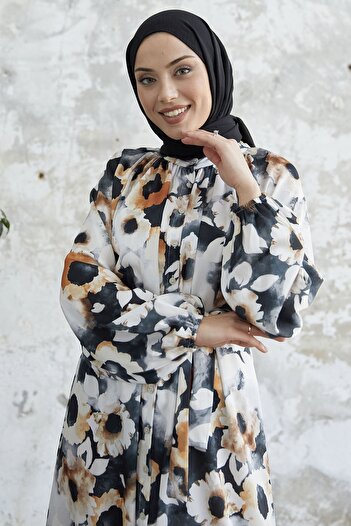 InStyle Floral Buttoned Satin Dress - Black