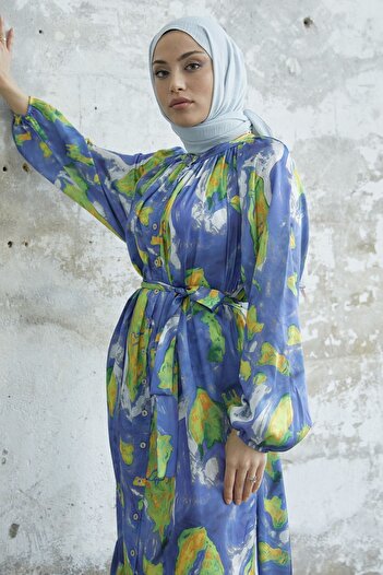 InStyle Marbled Pattern Belted Satin Dress - Indigo