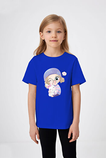 ADABEBEK Cute Rabbit Detailed Girl with Hat Printed Girl's T-Shirt