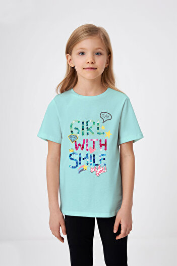 ADABEBEK Smiling Girl Printed Girl's T-Shirt with Bead Detail
