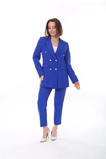 ModaSehle Kadın Düğmeli Blazer Ceket Kemerli Pantolon Dokuma Atlas Kumaş Takım Elbise