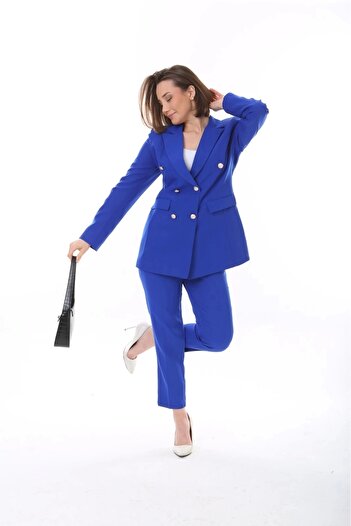 ModaSehle Kadın Düğmeli Blazer Ceket Kemerli Pantolon Dokuma Atlas Kumaş Takım Elbise