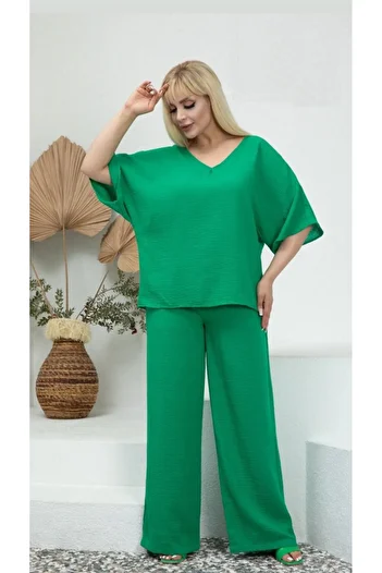Butik Nilyam Women's Large Size Backless Sofia Linen Trousers Blouse Set 24004