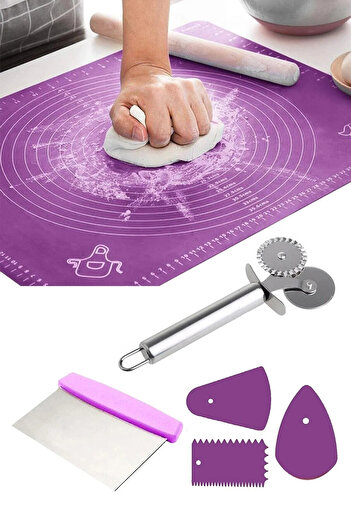 SAVORYHOME 6 Parça Hamur Açma Seti | Silikon Hamur Açma Matı & Hamur Spatulası & Pizza Kesici & 3'lü Dekoratör