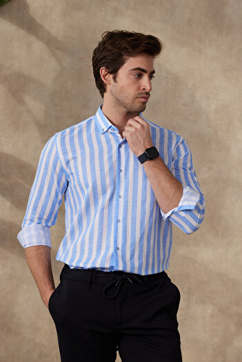 RAVANELLI Çizgili Modern Slim Fit Keten Görünümlü %100 Pamuk Uzun Kol Erkek Gömlek