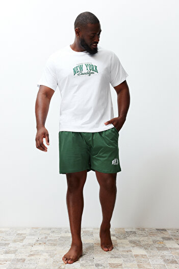 Trendyol Collection Ecru Green Regular Fit Printed Large Size Pajamas Set with Shorts TMNSS24AI00005