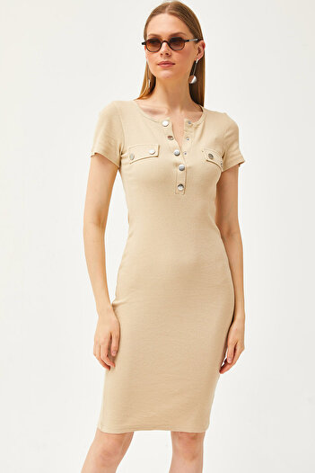 Olalook Women's Beige Metal Placket Accessory Pocket Lycra Mini Cotton Dress ELB-19002067