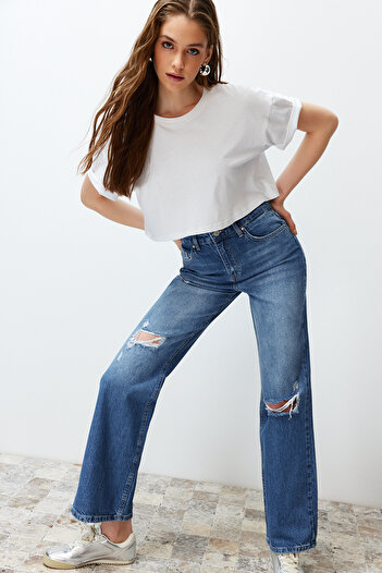 Trendyol Collection Modré roztrhané džíny s širokým pasem TWOSS24JE00199