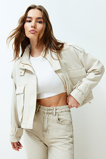 Trendyol Collection Oversize plátěná tenká bunda - Ecru, Kapesní detail, Twoss24Mo00063