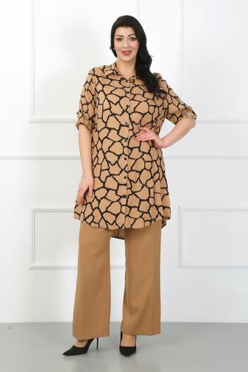 By Alba Collection Women's Tan Patterned Cotton Viscose Large Size Tunic