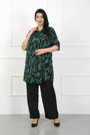 By Alba Collection Women's Khaki Patterned Cotton Viscose Large Size Tunic