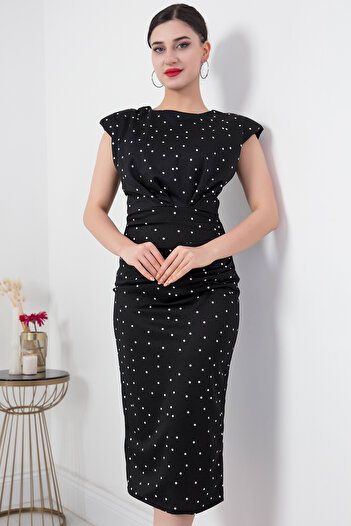 PULLIMM Shoulder Padded Polka Dot Sleeveless Crepe Dress GRS3369