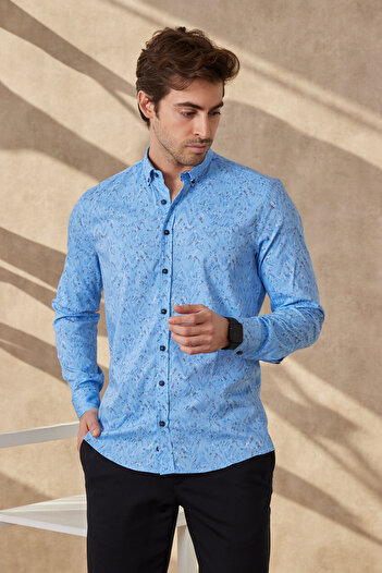 RAVANELLI Erkek Baskılı Mavi Modern Slim Fit Uzun Kol Gömlek