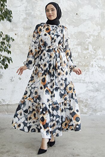 InStyle Floral Buttoned Satin Dress - Black