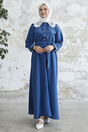 InStyle Baby Collar Waist Belted Dress - Indigo
