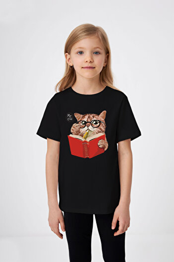 ADABEBEK Meow Printed Girl's T-Shirt Reading a Book with Glasses