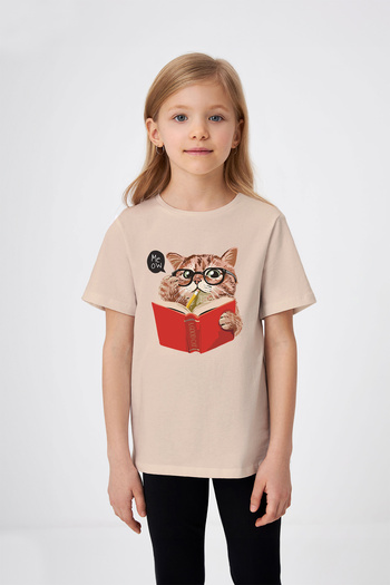 ADABEBEK Meow Printed Girl's T-Shirt Reading a Book with Glasses