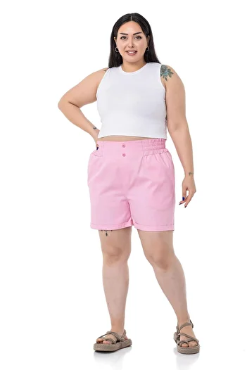DISENTIS MODEST Plus Size Gabardine Pink Shorts with Side and Back Elastic Waist and Fold Detail