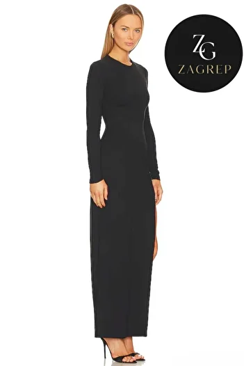 Zagrep Women's Black Maxi Dress Slit Long Sleeve Lined No Inner Display Silk Jersey Dress