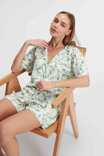Anıl 9876 Home Wear Short Sleeve V-neck Women's Viscose Tropical Summer Knitted Regular Waist Mini Pajamas Set