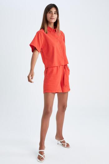 DeFacto Paper Bag High Waist Belt Detailed Linen Blended Bermuda Shorts U9546az22hs