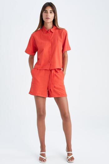 DeFacto Paper Bag High Waist Belt Detailed Linen Blended Bermuda Shorts U9546az22hs