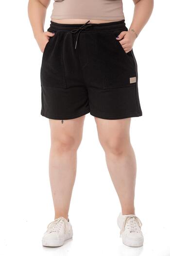 DISENTIS MODEST Large Size Garnished Three Thread Pocket Black Shorts with Elastic Waist and Tie Detail