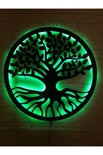 MF TASARIM Yaşam Ağacı Yeşil Led Işıklı Ahşap Mdf Dekoratif Tablo