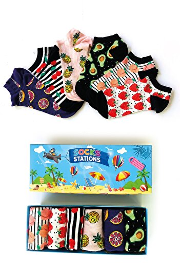 Socks Stations Унисекс кутия с 6 чифта чорапи с многоцветен плодов мотив