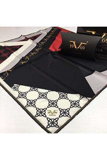 19V69 ITALIA White Black Twill Scarf Black Series 90x90 Cm With Scarf Hanger and Gift Set