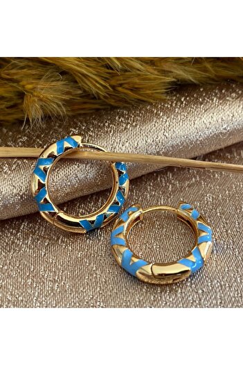 Markiz Takı Gold Blue Pattern Hoop Earrings (Inner Diameter 1.5 Cm)