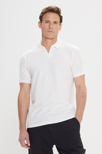 ALTINYILDIZ CLASSICS Men's White Slim Fit Slim Fit Polo Collar Dobby T-Shirt