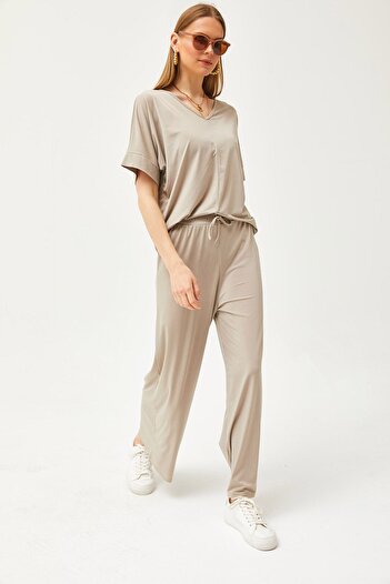 Olalook Women's Beige Top Blouse Bottom Palazzo Loose Knitted Set TKM-19000267