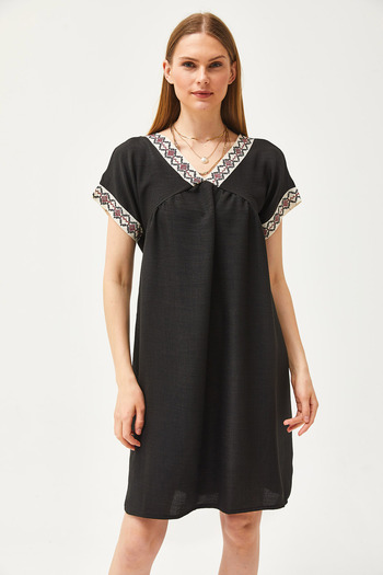 Olalook Women's Black Collar Lace Linen Content Dress ELB-19002077