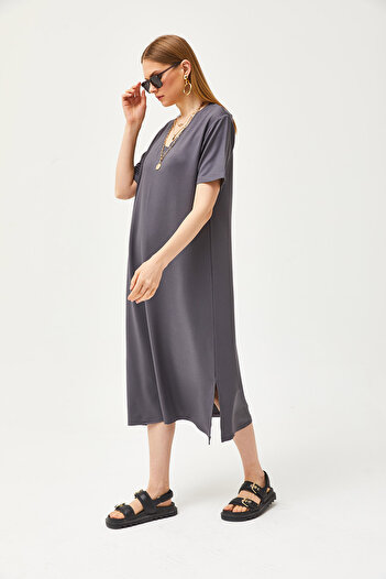 Olalook Women's Smoked V-Neck Side Slit Soft Textured Dress ELB-19002063