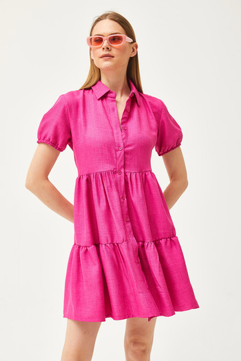 Olalook Women's Fuchsia Piece Linen Shirt Dress ELB-19002075