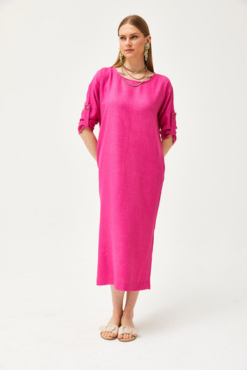 Olalook Fuchsiafarbenes Freizeitkleid mit Schlitztaschen und Leinenanteil für Damen ELB-19002074